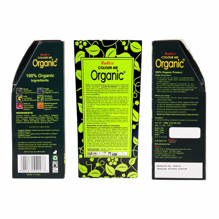 Three packaging boxes of Radico Colour Me Organic product on a white background.