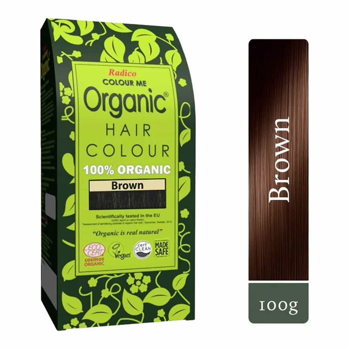 Organic hair colour package with brown hair sample and packaging details.