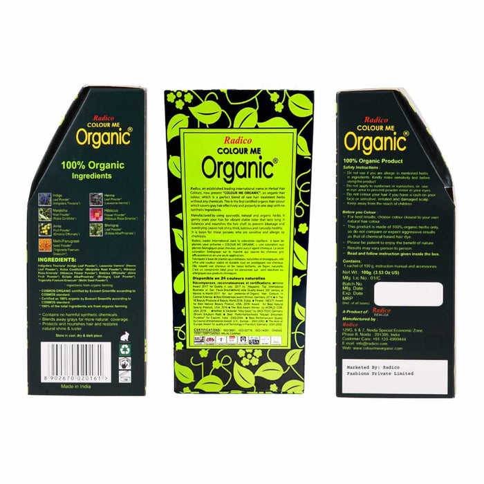 Three packaging boxes of Radico Colour Me Organic product on a white background.