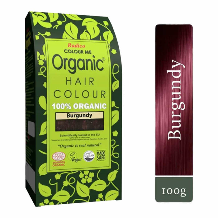 Organic hair colour packaging with burgundy colour swatch on a white background.