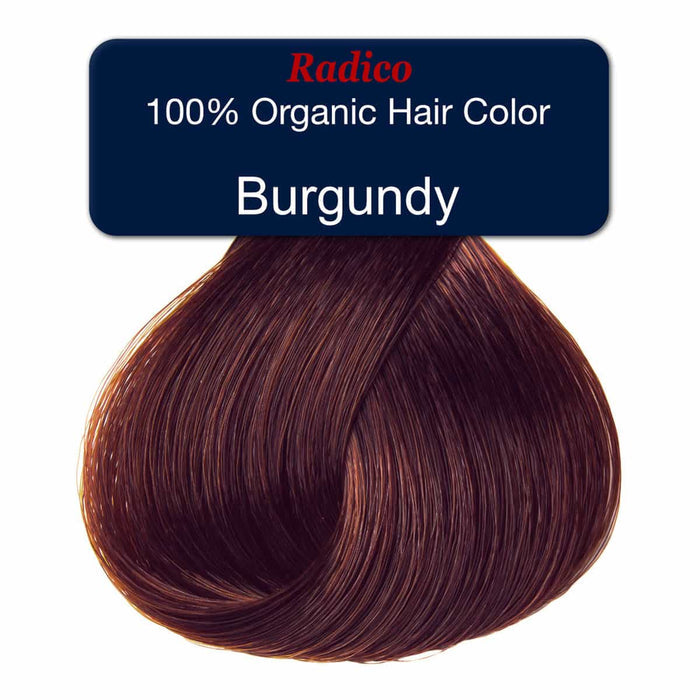 Burgundy hair colour with Radico branding on a white background.