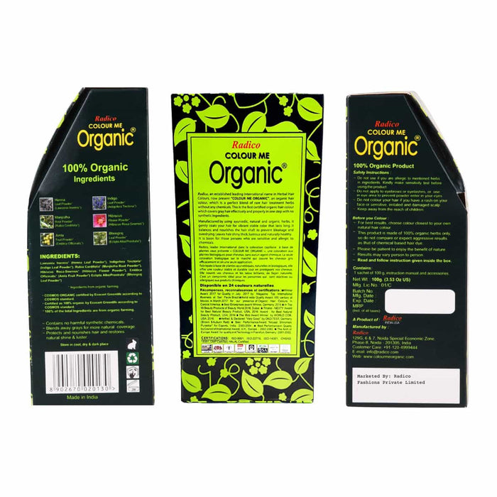 Three packaging boxes of Radico Colour Me Organic product on a white background.