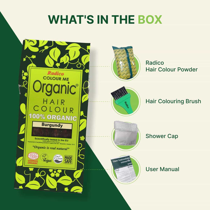 Radico Colour Me Organic Hair Colour packaging with product details on a green and white background.