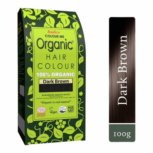 Organic hair colour package with green label and dark brown sample on a white background.
