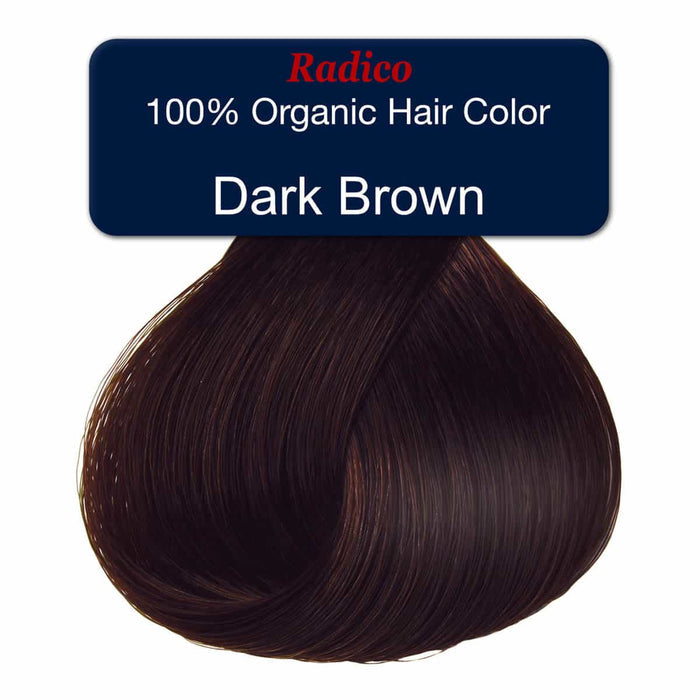 Dark brown hair colour swatch with Radico branding on a white background.