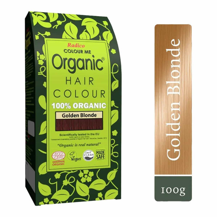 Box of Organic Hair Colour in Golden Blonde with green and brown design.