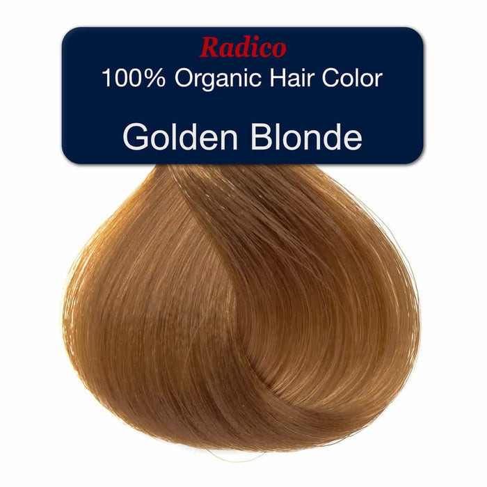 Golden blonde hair colour with Radico branding on a white background.