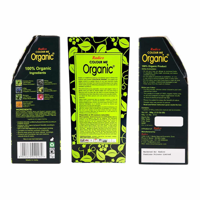 Three views of a Radico Colour Me Organic product packaging on a white background.