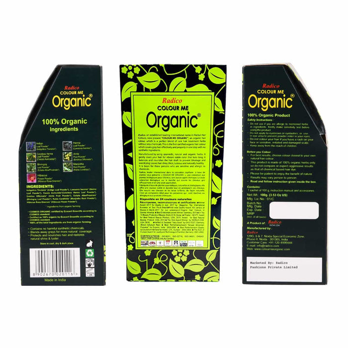 Three views of a Radico Colour Me Organic product packaging on a white background.