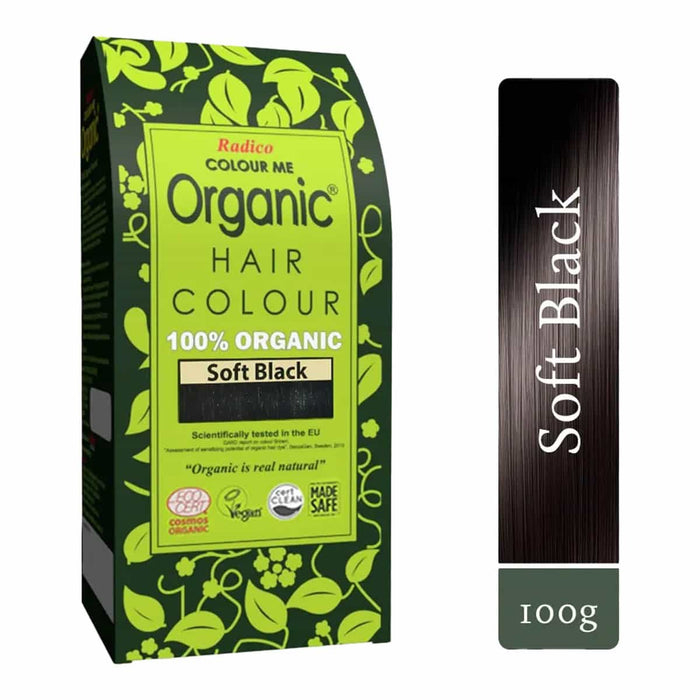 Organic hair colour package with green label and black hair sample on a white background.