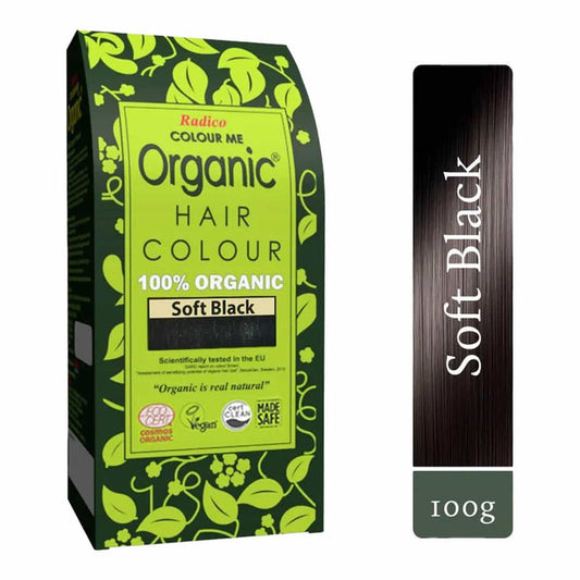 Organic hair colour package with green label and black hair sample on a white background.
