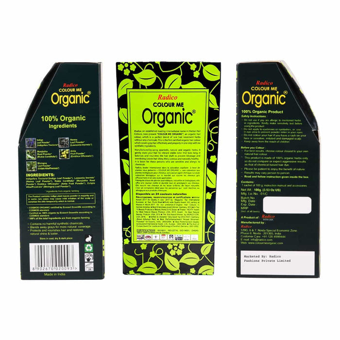 Three packaging boxes of Radico Colour Me Organic product on a white background.