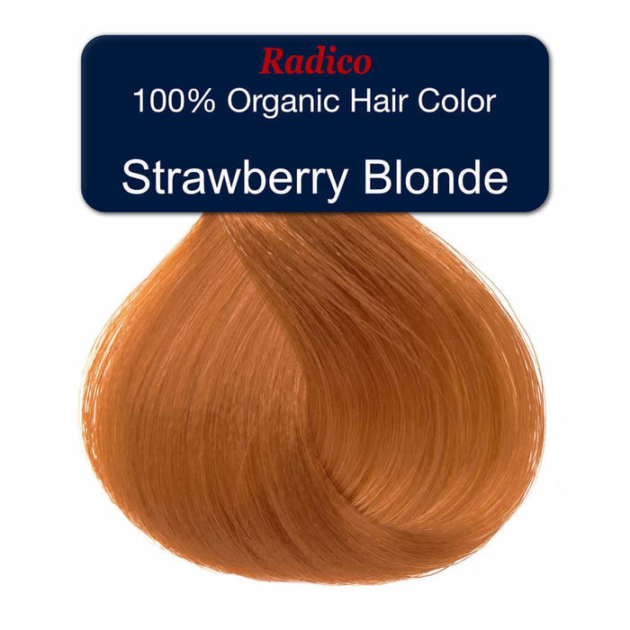 Strawberry blonde hair colour with Radico branding on a white background.