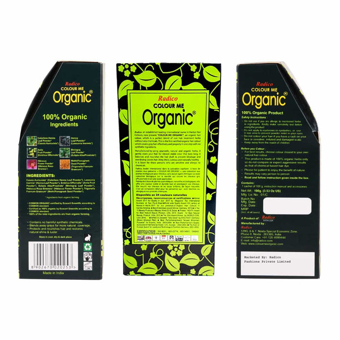 Three packaging boxes of Radico Colour Me Organic products on a white background.