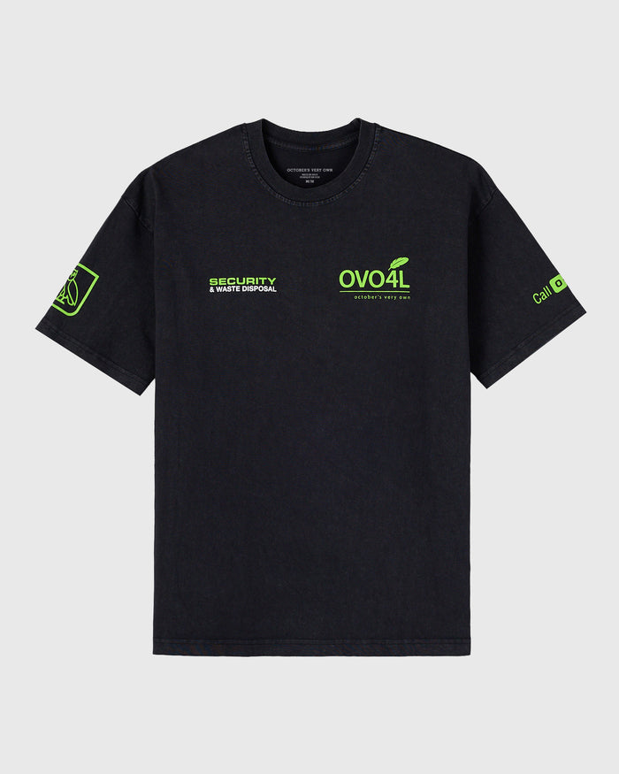Black t-shirt with green "OVO4L Security & Waste Disposal" text and sleeve graphics on front and sleeves.