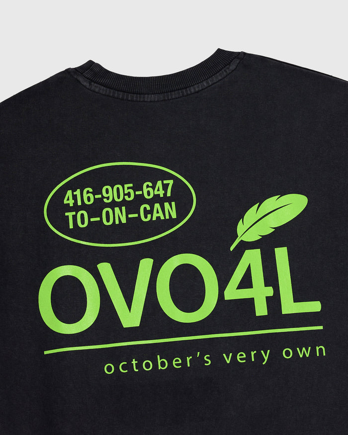 Black t-shirt with lime green text and graphics including "OVO4L" and a feather design on front.