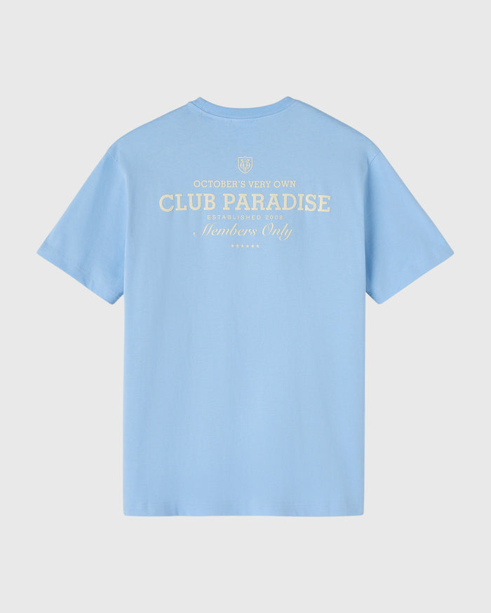 Light blue t-shirt with "Club Paradise" text and logo printed on back.