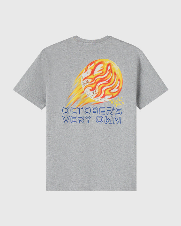 Heather grey t-shirt with red and yellow fireball graphic and "October's Very Own" text on back.