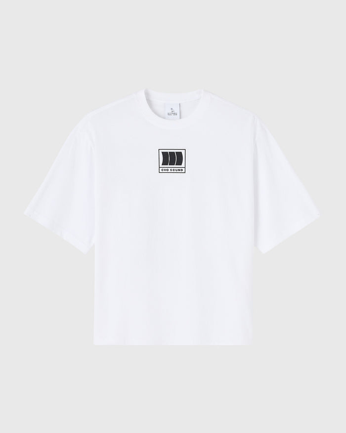 White short-sleeve t-shirt with small OVO Sound logo graphic centered on chest.