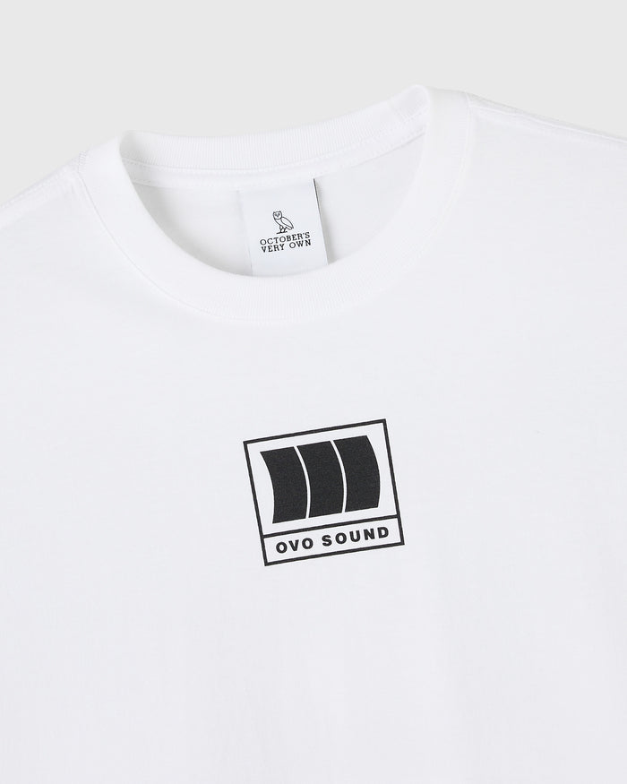 White crewneck t-shirt with OVO Sound graphic print on chest and interior neck label.