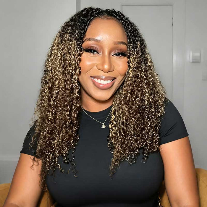 P3G5|Sun-Kissed Blonde Mixed Highlights Burmese Kinky Curly Feather Crochet Human Hair