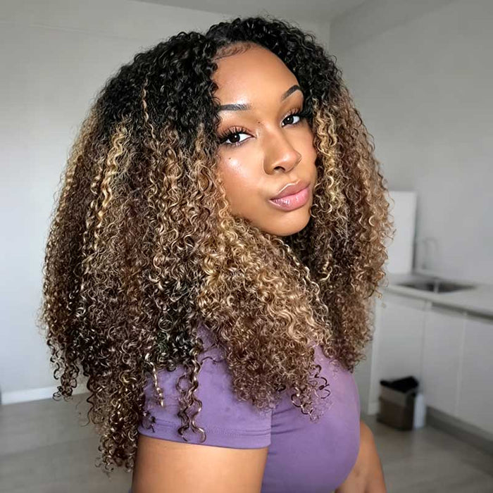 P3G5|Sun-Kissed Blonde Mixed Highlights Burmese Kinky Curly Feather Crochet Human Hair