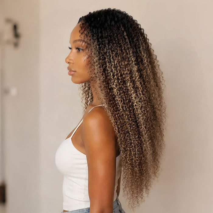 P3G5|Sun-Kissed Blonde Mixed Highlights Burmese Kinky Curly Feather Crochet Human Hair