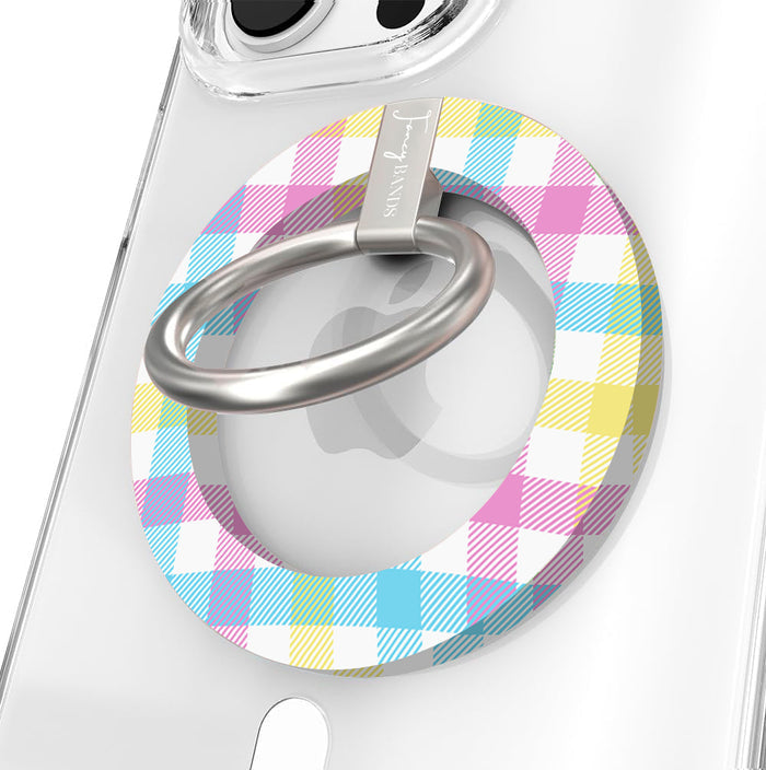 Pastel gingham phone ring grip used as kickstand for hands-free viewing