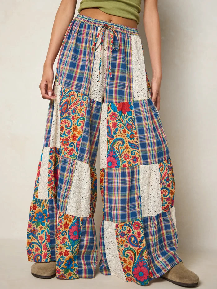 Patti Patchwork Palazzo Pants - Plaid Blue Fuchsia-view 1