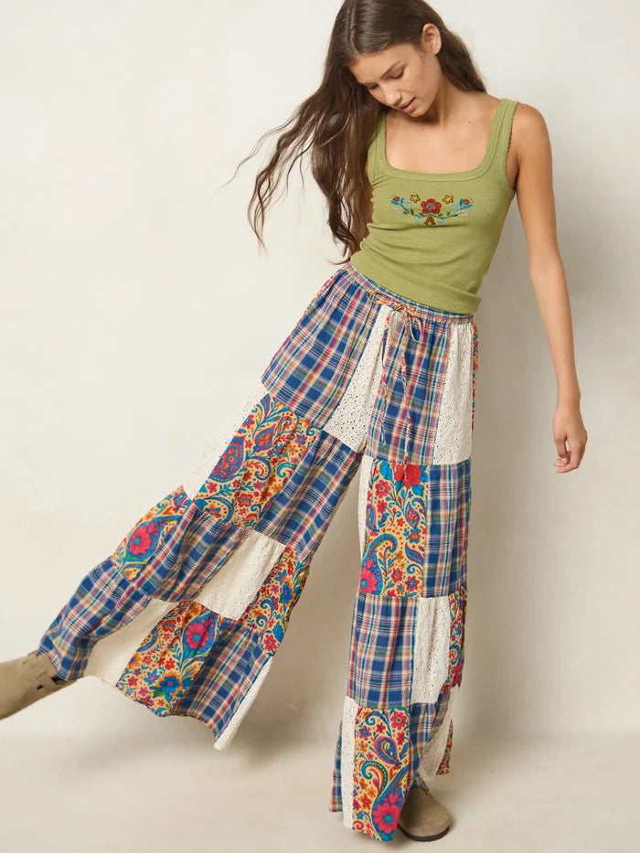 Patti Patchwork Palazzo Pants - Plaid Blue Fuchsia-view 3