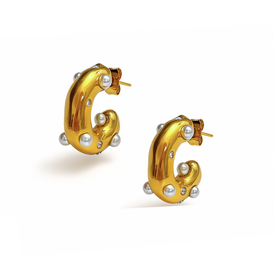 Gold hoop earrings with hanging pearls and crystals from Coconut Lane.