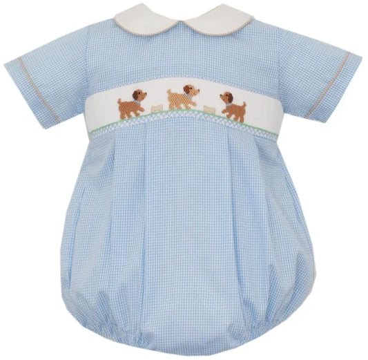 Petit Bebe Puppies Boy Lt. Blue Check S/S Bubble