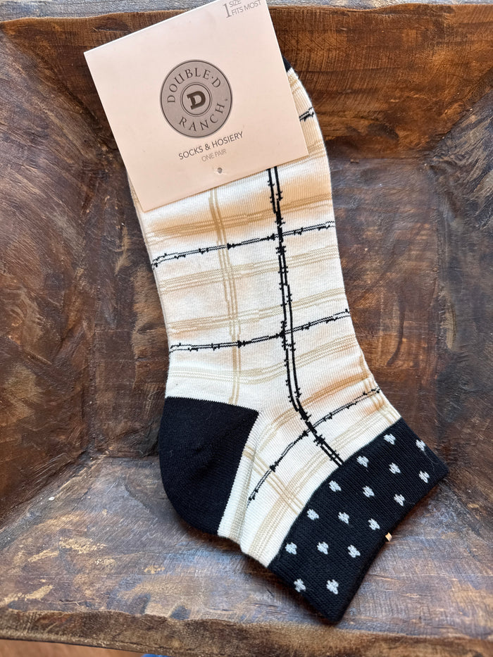 Double D Ranch plaid crew socks in cream and black with dot-pattern cuffs