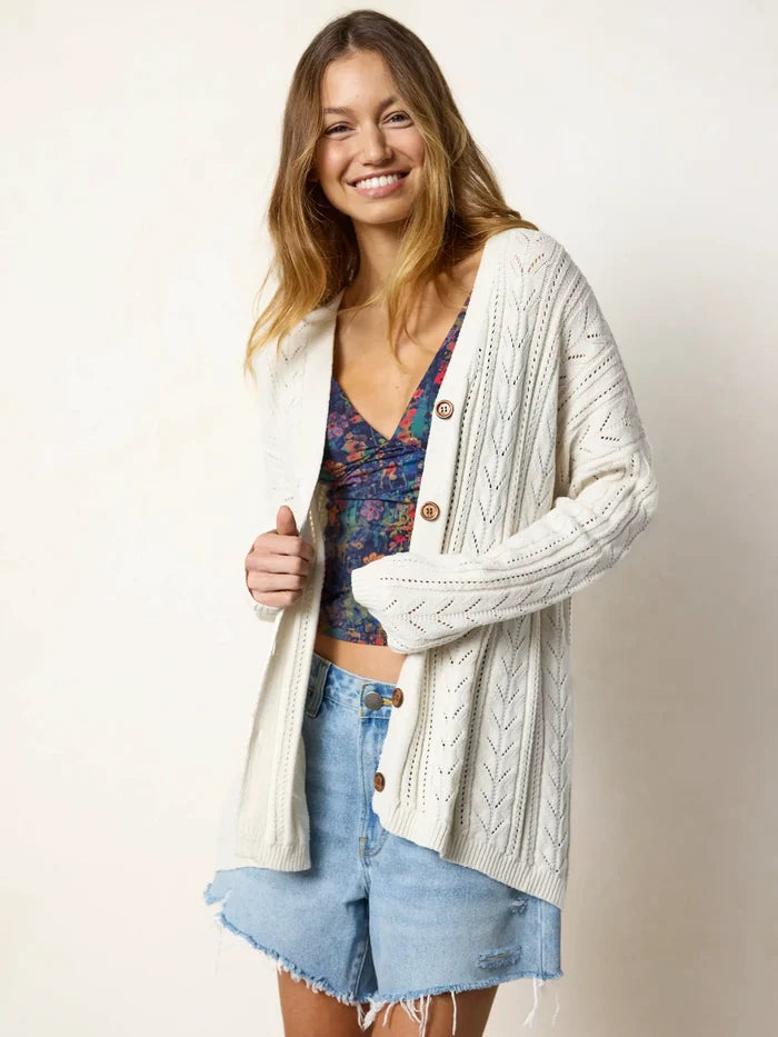 Cotton Pointelle Grandpa Cardigan - Cream-view 4