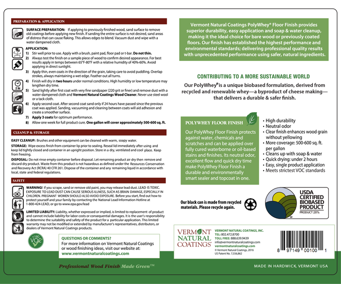 Product label for Vermont Natural Coatings PolyWhey Floor Finish with text and graphics on a green background.