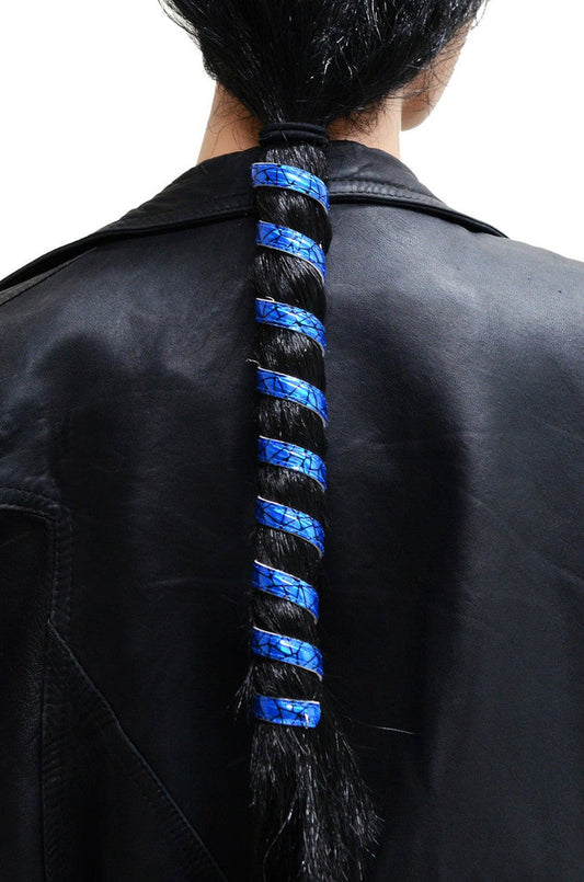 Model wearing 12 inch holographic blue anodized aluminum ponytail wrap, spiral design, back view in ponytail