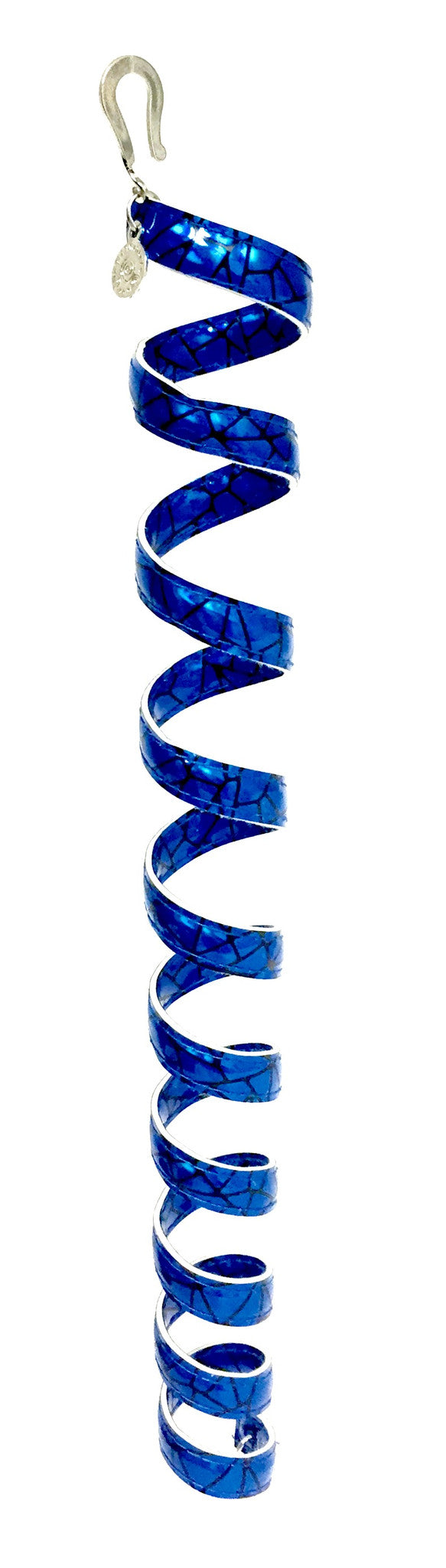 12 inch holographic blue anodized aluminum ponytail wrap, spiral design, front view on white background