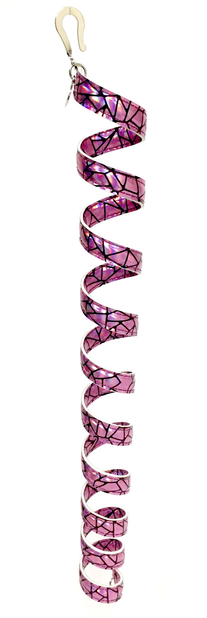 12 inch holographic pink anodized aluminum ponytail wrap hair accessory, spiral design, front view on white background
