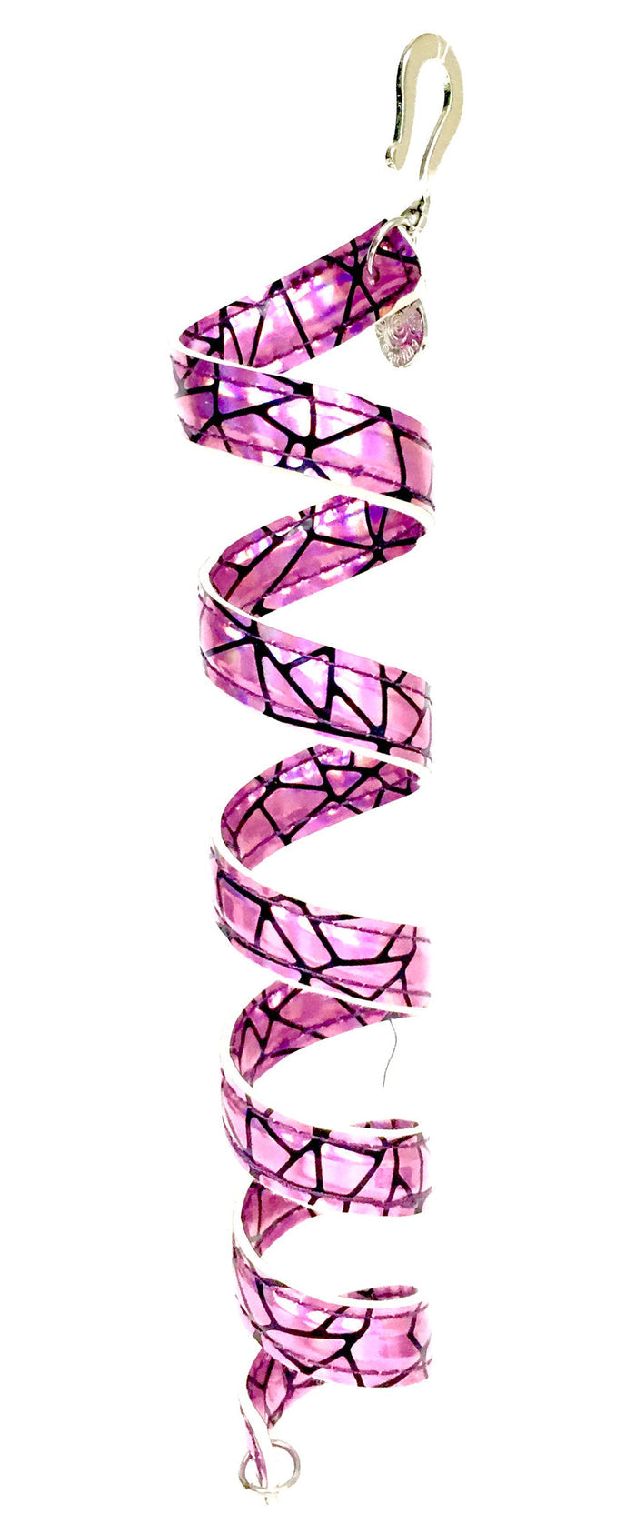 12 inch holographic pink faux leather ponytail wrap hair accessory, spiral design, front view on white background