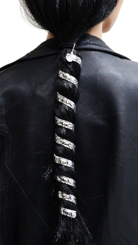 Model wearing Ponytail Wrap – Holographic Silver 12" Adjustable Holder