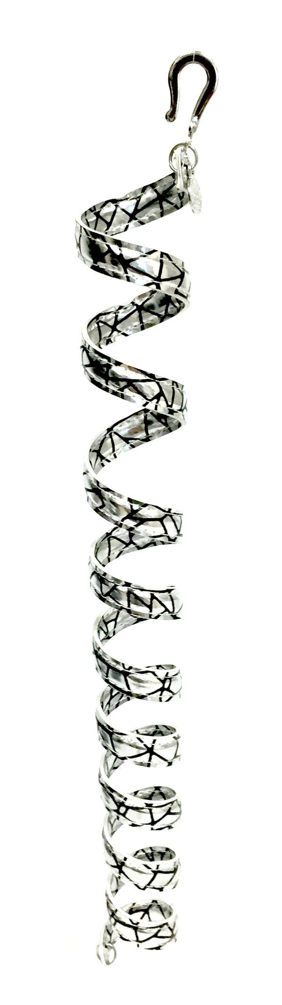 12 inch holographic silver anodized aluminum ponytail wrap hair accessory, spiral design, front view on white background