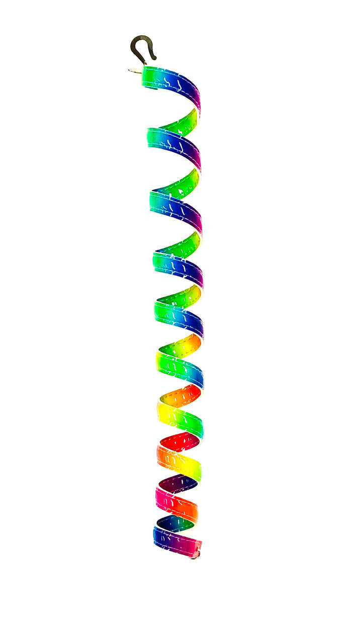 12 inch rainbow anodized aluminum ponytail wrap hair accessory, unicorn rainbow spiral design, front view on white background