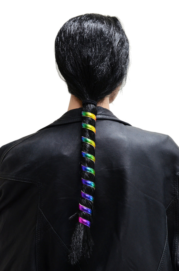 Model wearing Ponytail Wrap - 12" Unicorn Rainbow Leather Vibrant Hair Accessory