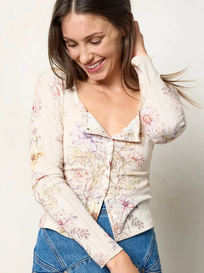 Pretty Pointelle Long Sleeve Top - Dahlia Rows Ivory-view 3
