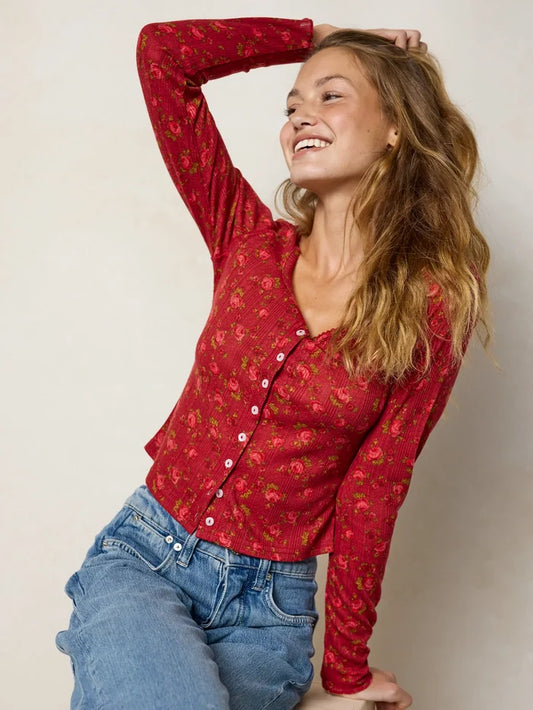 Pretty Pointelle Long Sleeve Top - Porto Ditsy Red-view 1