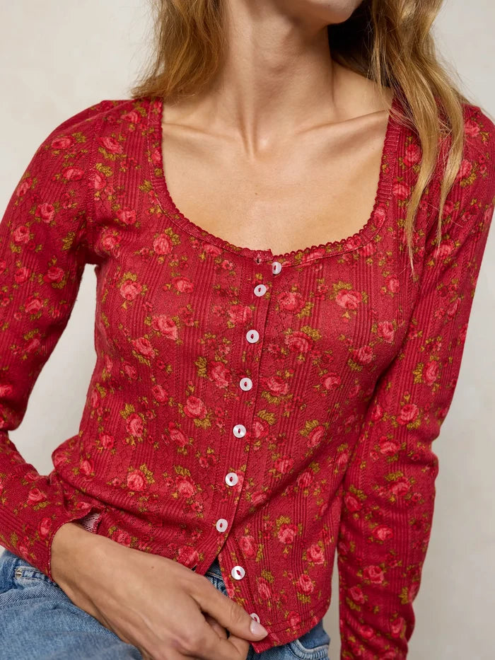 Pretty Pointelle Long Sleeve Top - Porto Ditsy Red-view 3