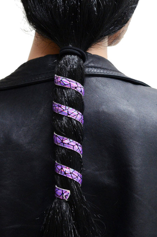Model wearing 12 inch holographic purple faux leather ponytail wrap, spiral hair twister, back view in ponytail