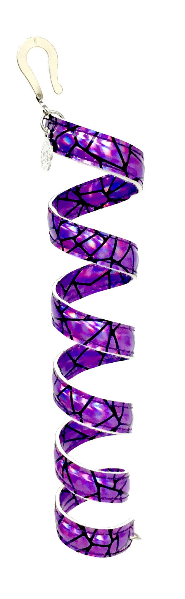 12 inch holographic purple faux leather ponytail wrap, spiral design, front view on white background