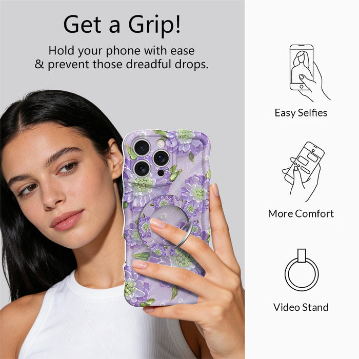 Purple Wildflower botanical pattern MagSafe phone grip ring with delicate purple pink and yellow flowers on white background compatible with iPhone and Samsung