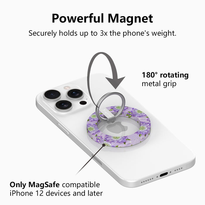Purple Wildflower botanical pattern MagSafe phone grip ring with delicate purple pink and yellow flowers on white background compatible with iPhone and Samsung